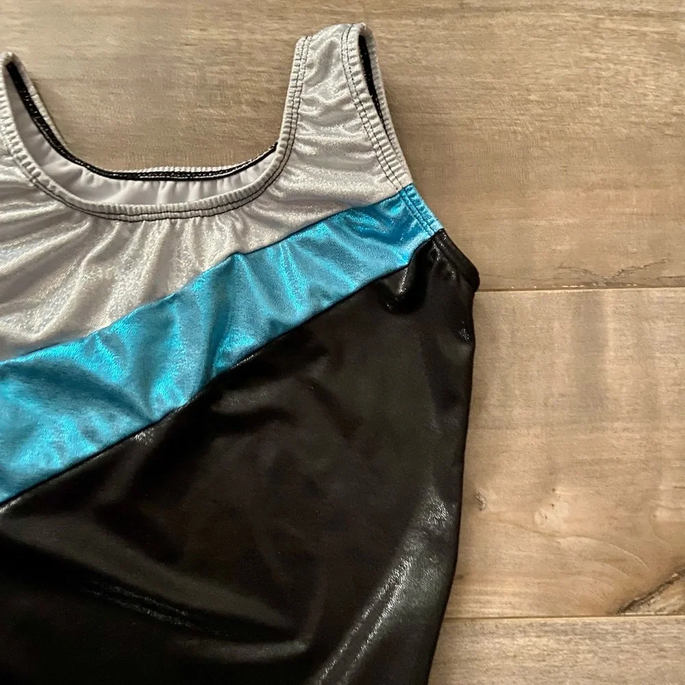 Elite Silver, Blue, and Black Gymnastics Leotard